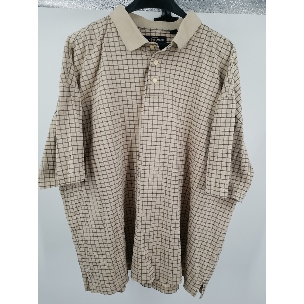 Golden Bear Polo Shirt Mens XXL 2XL Short Sleeve Tan Check Mercerized Cotton‎